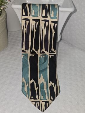 ABSTRACT TEAL BLACK CREAM MARTIN WONG SCREENPLAY IMPORTED SILK MENS TIE VINTAGE